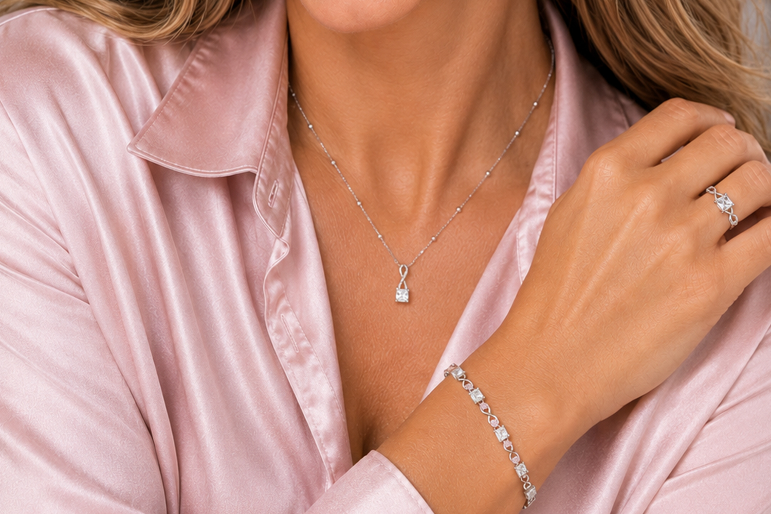 Woman wearing layered golden necklaces